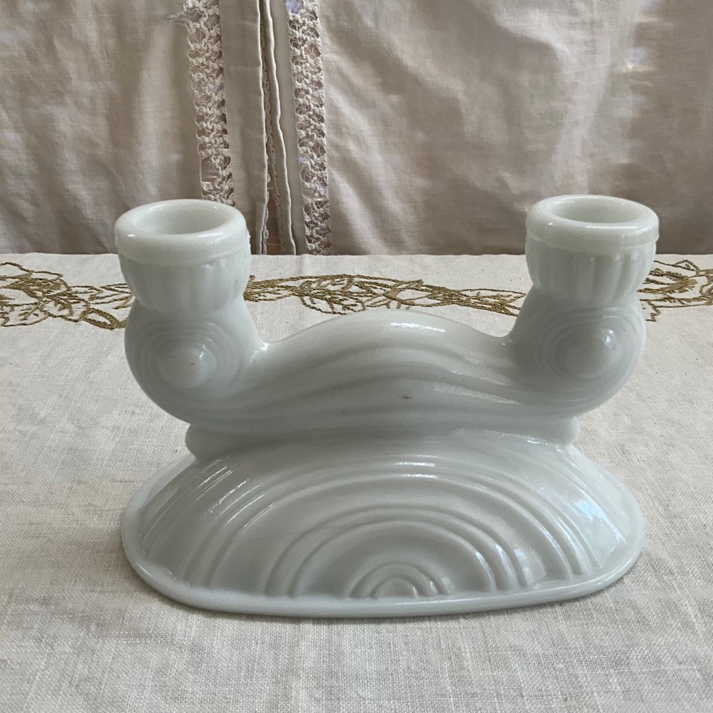 Vintage McKee Milk Glass Double Candlestick Art Deco Scrolled White Taper Holder